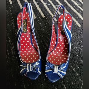 Pinup Couture Blue and White Polka Dot Peep Toe Slingback Heels 8